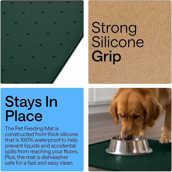GORILLA GRIP 100% Waterproof Raised Edge BPA Free Silicone Pet Feeding Mat, Dog Cat Food Mats Contain Spills Protects Floors, Placemats for Cats and Dogs Water Bowl, Pets Accessories 16x10, Green - Image 3