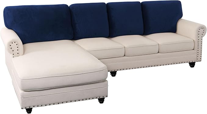 PrinceDeco Sectional Couch Covers Velvet Cushion Covers for Sectional Couch Washable Cushion Covers for Sectional Sofa Pet Friendly Sectional Sofa Slipcovers(1 Chaise Back+ 3 Sofa Back,Navy) by PrinceDeco
