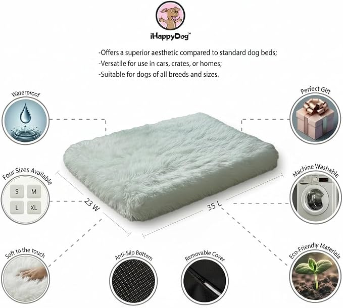 Faux Fur Orthopedic Rectangular Dog Bed, Memory Foam, White Medium 35"x23" | Plush Sheepskin Style Furry Rug, Calming for Senior and Large Dogs, Washable Waterproof Cover, Fits Crates and Floors - Image 5