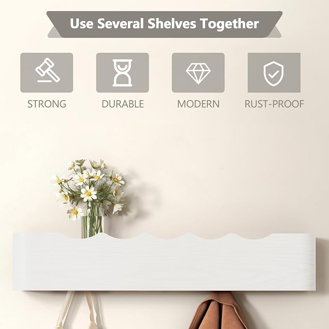 Wall Mounted Coat Rack with Shelf, Wooden Entryway Organizer with Hidden Metal Hooks for Hanging Coats Bags Keys, Modern Floating Shelf for Hallway Bathroom - Image 4