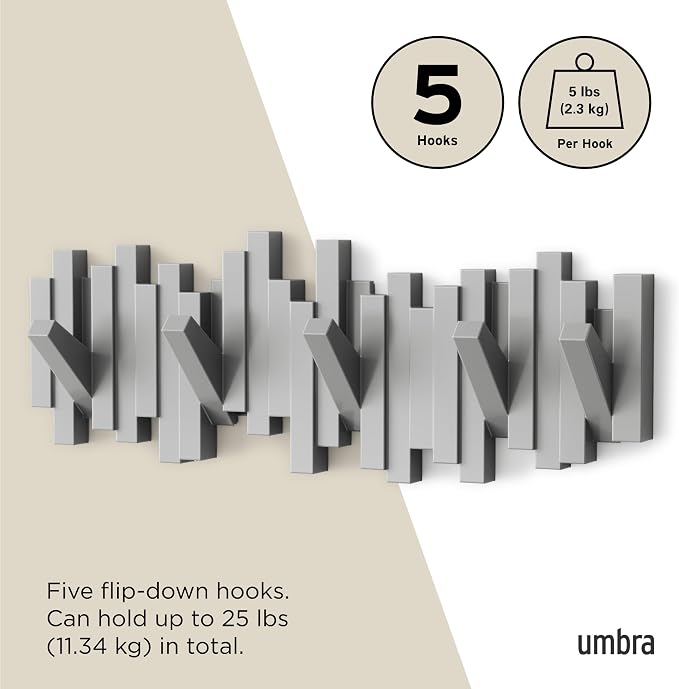Umbra Sticks Wall Mount Coat Rack, 5 Hook Retractable Pegs, Grey | Mounting hardware included, sculptural modern design, entryway or bedroom use, recycled plastic - Image 5