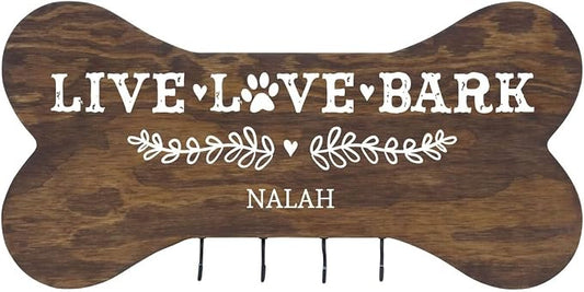 Rooms Organized Personalized Live Love Bark Wall Mounted Dog Bone Pet Leash Rack,Dog Collar Holder New Home Decor Gift Ideas and 4 Hooks 16" L x 8" H 2.5." deep (Walnut Stain) by Unknown