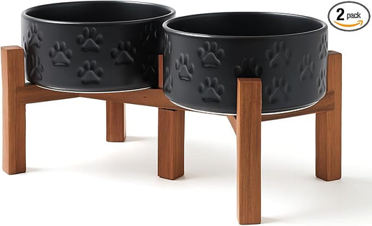 SPUNKYJUNKY Ceramic Elevated Dog Bowl Set with Acacia Wood Stand for Food and Water for Small Medium Sized Dogs (28.74 OZ, Black, Dog Paw Pattern) by SPUNKYJUNKY
