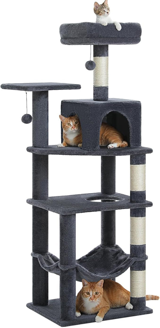 PEQULTI 56.3'' Cat Tree for Indoor Cats, Multi-Level Cat Tower with 2 Top Perch, Cat Condo, Hammock and Sisal-Covered Scratching Post, Smoky Grey