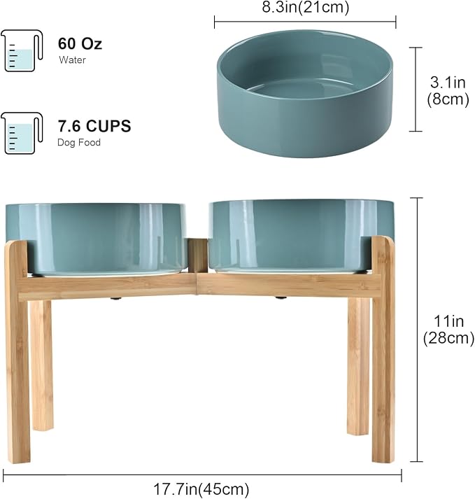 SPUNKYJUNKY Elevated Dog Bowls Ceramic, 8.3'' Dogs Food Water Bowls Raised with Non-Slip Bamboo Stand for Large Sized Breed Microwave Dishwasher Safe - 60 OZ,Dark Green - Image 2