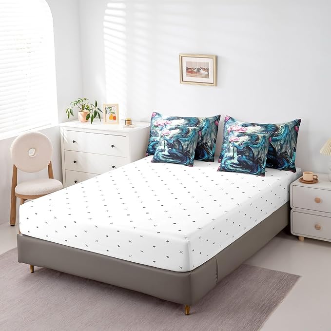 Erosebridal Floral Dragon Comforter Sets with Sheets - Magical Animal Bedding Set Queen for Boys Girls Pink Rose Dragon Theme 7Pcs Bed in A Bag Cute Wildlife Bed Set - Image 5