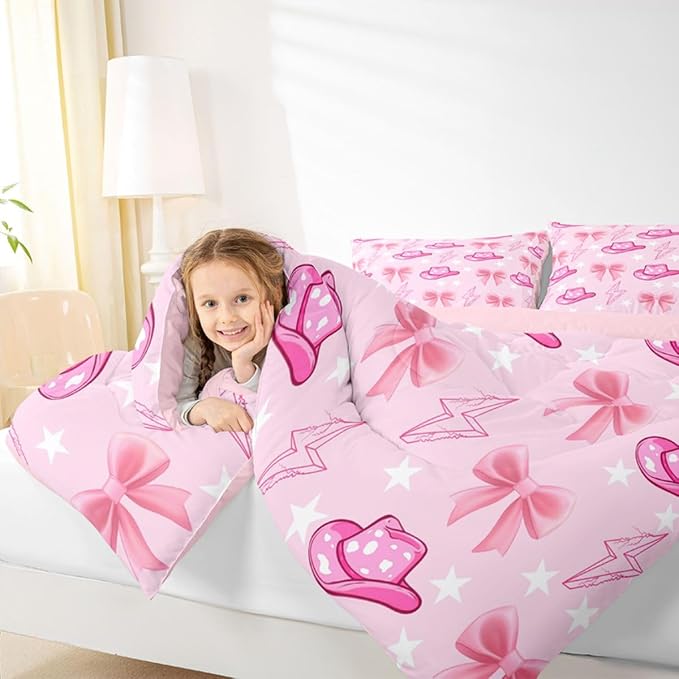 Manfei Cowgirl Pink Comforter Twin,Western Pink Hat Bowknot Girly Quilt Comforter with 1 Pillowcase for All Season Bedroom,Farm Life Star Lightweight Bedding Set Comfortable,Soft and Breathable - Image 5