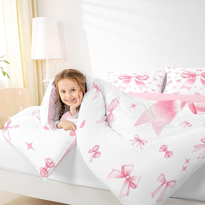 Manfei Pink Bow Bed Comforter Set Queen Size,Cute Bowknot Princess Super Soft Microfiber Bedding Set for Girls Boys,Aesthetic Ribbon Bow Tie Decorative Quilter Set 3 Pcs - Image 4