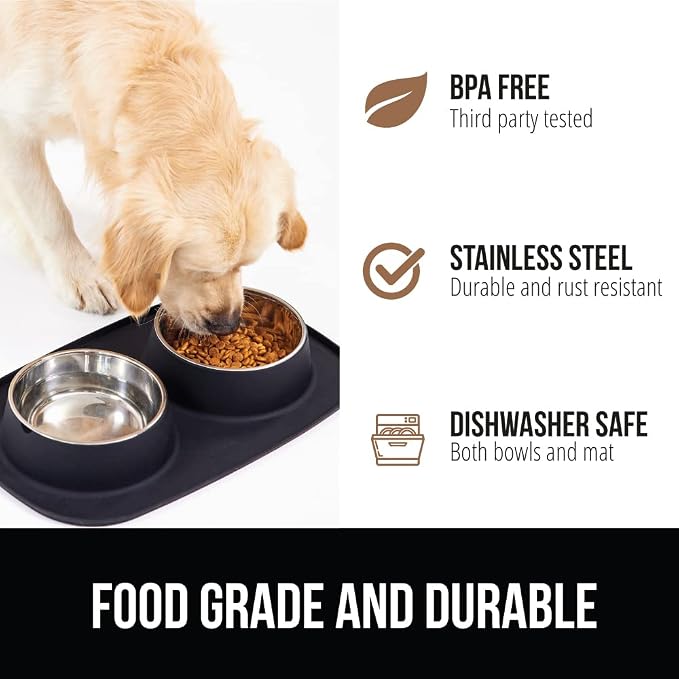 GORILLA GRIP Dog Bowl Set with Slip Resistant Silicone Feeding Mat, Food Grade 304 Stainless Steel Bowls, BPA Free, High Edge Spill Containment, Dishwasher Safe, Finger Notch Removal, 2 Cup, Black - Image 5