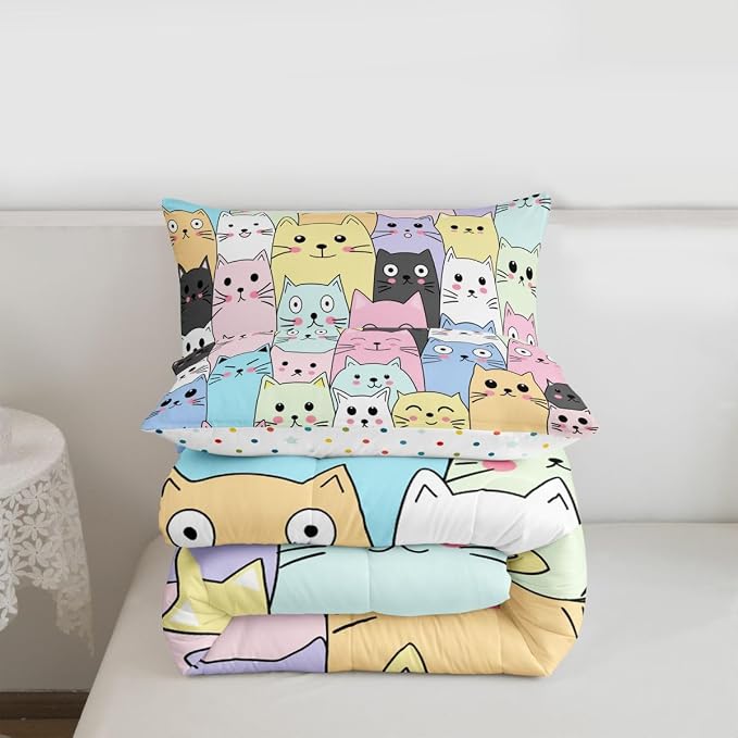 Feelyou Cat Comforter Set Full Size for Girls Kids Cute Colorful Cat Bedding Cartoon Theme Children Room Decor Kawaii Kitten Ultra Soft Microfiber Bed Sets 3 Piece - Image 6