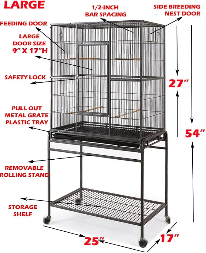 54" Large Wrought Iron Metal Bird Flight Breeder Cage with Side Breeding Nest Doors with Removable Rolling Stand - Image 3