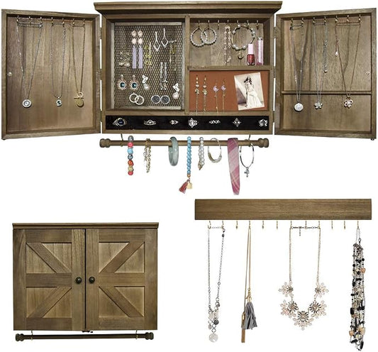 GLANT Rustic Wall Mounted Jewelry Organizer with Wooden Barndoor Decor， Wall Mount Holder,Jewelry holder for Necklaces, Earings, Bracelets，Ring Holder. Includes matching hook organizer (wood color) by GLANT
