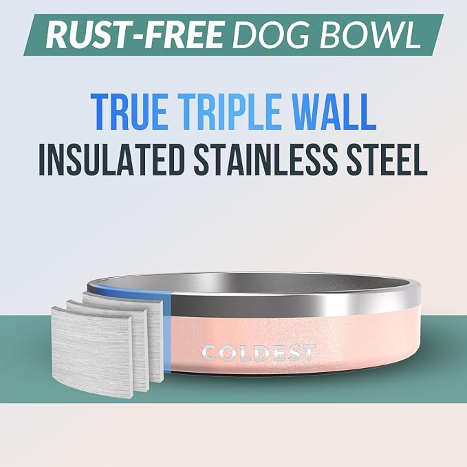 Coldest Dog Bowl - Anti Rust Metal, Non Slip, 3 Layers Insulated Stainless Steel Dog Bowls - Spill Proof & Heavy Duty - Water Bowl for Dogs, Cats & Pets, Dish Washer Safe (21 oz, Forever Pink Glitter) - Image 3
