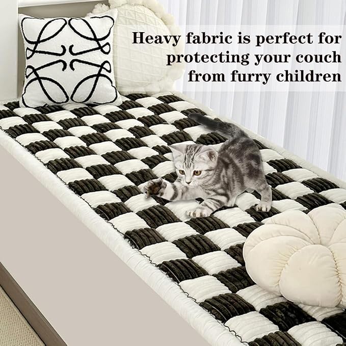 Fuzzy Chic Cotton Protective Couch Cover, Machine Washable & Non-Slip Mat Bed, Cream-Coloured Plaid Pet Mat for Cats & Dogs (Black, 35.4 * 70.9in) - Image 4