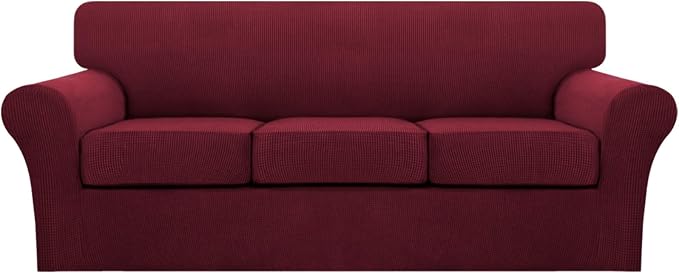 Turquoize 4 Piece Sofa Covers for 3 Cushion Couch Sofa Slipcover Soft Couch Cover for Dogs Washable Furniture Cover with 3 Individual Large Cushion Covers Feature Fabric (Large Sofa, Burgundy) by Turquoize