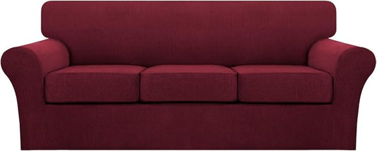 Turquoize 4 Piece Sofa Covers for 3 Cushion Couch Sofa Slipcover Soft Couch Cover for Dogs Washable Furniture Cover with 3 Individual Large Cushion Covers Feature Fabric (Large Sofa, Burgundy) by Turquoize