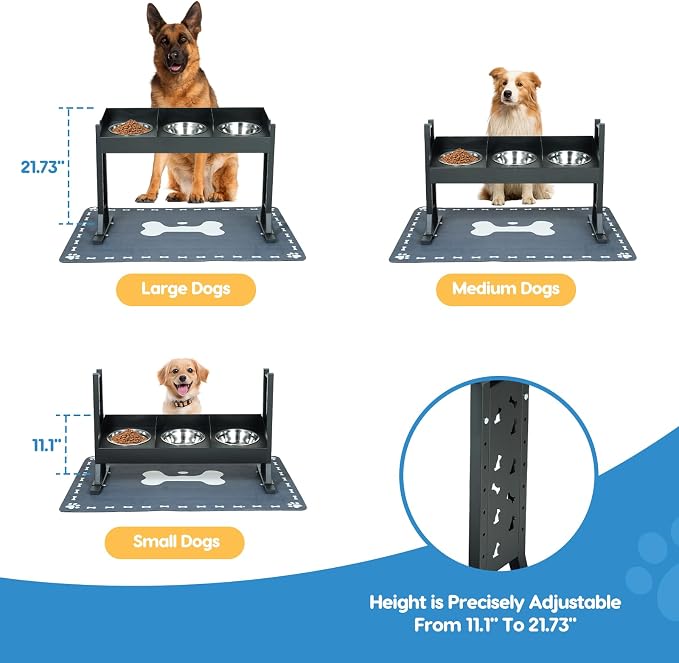 Elevated Dog Bowls for Large Breeds, Triple Dog Bowl Stand with 3 Stainless Steel Bowls, Adjustable Raised Dog Feeding Station, Slow Feeder Anti-Gulping Design, Heavy Duty - Image 3