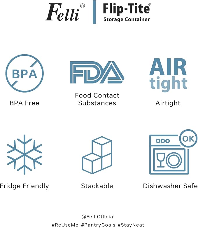 Felli Flip Tite Storage Container with 4 Inch Lid SQUARE & RECTANGLE, Air Tight Ring Seal Top Clear Acrylic Canister Jar, Spice Pasta Cereal Snack Pantry Organizer, Gift Set for Women (10pk, Variety) - Image 8