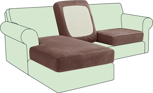 CHUN YI Velvet Couch Cushion Covers, 3 PC Water Resistant Sectional Couch Covers for L Shape Sofa, Individual Seat Cushion Protector for Pets (2 Seater + 1 Chaise, Brown) by CHUNYI