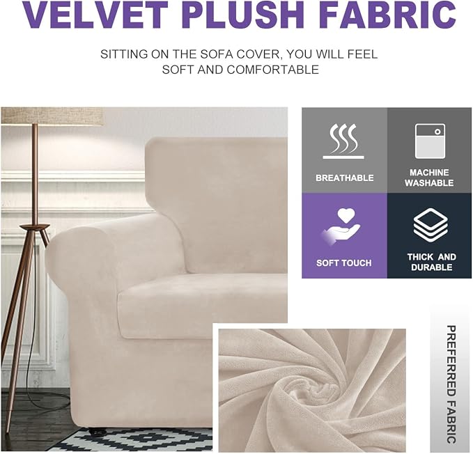 ZNSAYOTX Oversized Velvet Couch Cover 4 Piece (92"-115") Stretch Sofa Covers for 3 Cushion Couch Thick Soft XL-Slipcover with Non Slip Strap, Dog Pet Friendly Nice Furniture Protector (Khaki) - Image 3