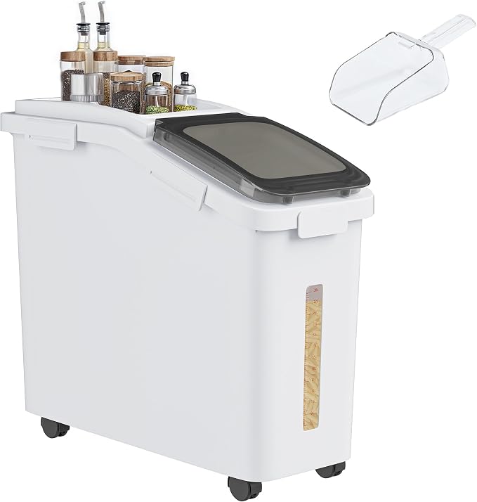 YITAHOME Large Flour Storage Container Ingredient Bins, 11.4-Gallon Rice Food storage Containers Bins with Wheels, Scoop and Airtight Lid for Bulk Rice, Cereal Grain, Sugar, White by YITAHOME