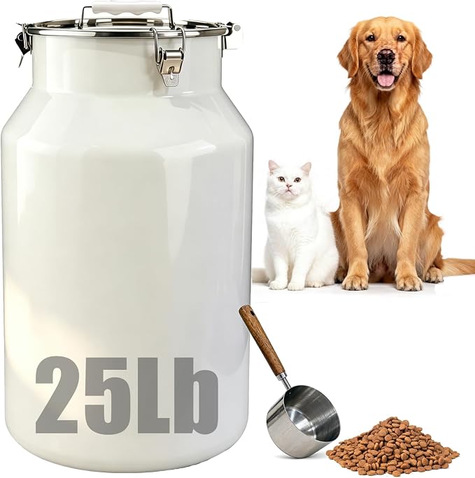 25 Lbs Stainless Steel Dog Food Storage Container with Scoop, Large Metal Dog Food Bin with Airtight Lid & Locking Clamp, Pet Treat Jars for Dogs & Cats, Keep Fresh, White by YinCukiEle