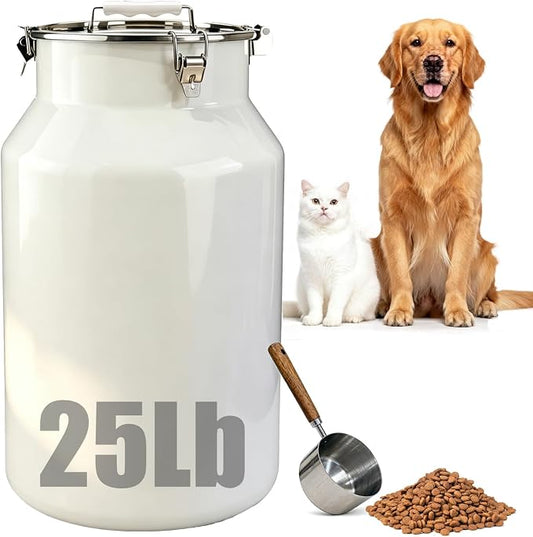 25 Lbs Stainless Steel Dog Food Storage Container with Scoop, Large Metal Dog Food Bin with Airtight Lid & Locking Clamp, Pet Treat Jars for Dogs & Cats, Keep Fresh, White by YinCukiEle