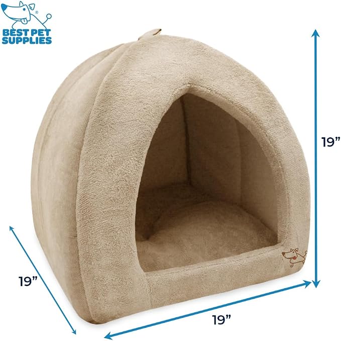 Best Pet Supplies Cat Bed for Indoor Cat, Domed Tent House with Removable Pillow, Covered Cat Cave for Small Dog, Puppies and All Breeds of Cats - Tan, 19 x 19 x H:19" - Image 2