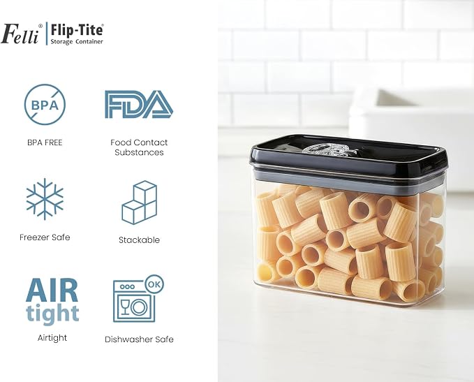 Felli Flip Tite Storage Container with Lid 4” RECTANGULAR Airtight Ring Flip Top, Stackable Kitchen Counter Pantry Organizer Acrylic Canister Jar for Pasta Spaghetti Cereal Granola Coffee (1.9qt) - Image 8