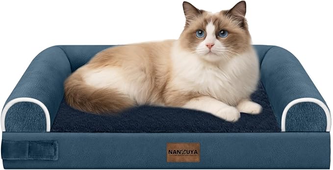 NANUYA Orthopedic Dog Bed for Small Dogs, 20 x 14 Inch, Navy Blue | Egg crate foam for joint support, 3-sided bolster pet sofa, waterproof lining, washable cover, and non-skid base by Nanuya