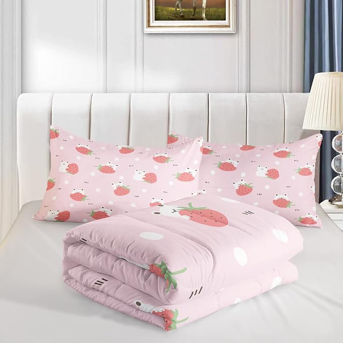 QOOMO Cartoon Bear Comforter Twin Size,Pink Strawberry Bedding Set for Kids Teens Girls,3Pcs Bedding Set Printed Comforter with 2 Pillowcases,Down Alternative,Soft and Lightweight，Twin Size - Image 4