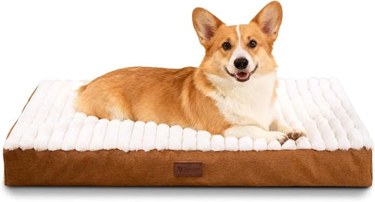 Orthopedic Dog Bed for Medium Dogs, Firm Egg Crate Foam, Non-Slip Bottom | Machine Washable Cover, Plush Faux Rabbit Fur Top, Pet Beds for Crate, Floor & Car, Up to 30 lbs,Brown,29"L x 18"W x 3"H by VERABE