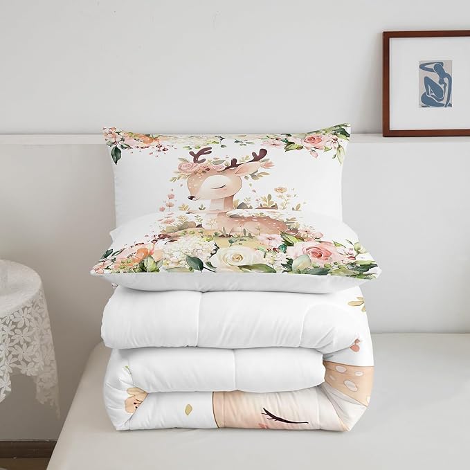 Manfei Cartoon Wild Animal Bed Comforter Set Queen Size,Watercolor Flowers Leaves Garden Super Soft Microfiber Bedding Set for Adults Teens,Cute Deer Comforter Set,2 Pillowcases - Image 5