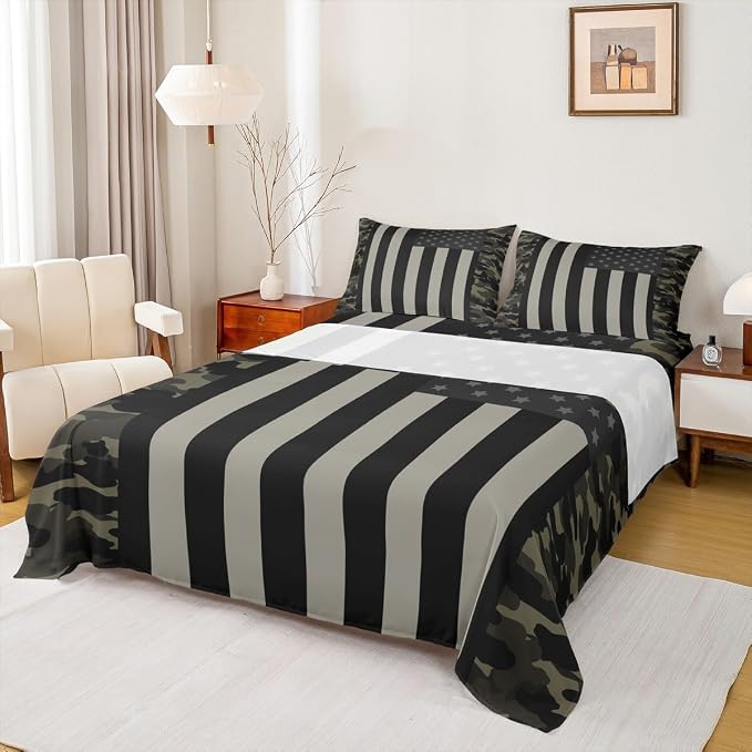 American Flag Bed Sheet Set Camouflage Military Bedding Full,Army Green Camo United States Flag Bed Sheets For Kids Boys Teens Men,Vintage Black Grey Patriotic Fitted Sheet & Flat Sheet 3 Pcs by Erosebridal