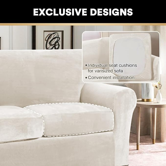 PrinceDeco Velvet Plush Couch Cover Stretch 2 Piece Chair Cover Chair Slipcover Washable Furniture Protector Couch Soft with Elastic Bottom Armchair Cover Width Up to 49 Inch(Small, Porcelain) - Image 6