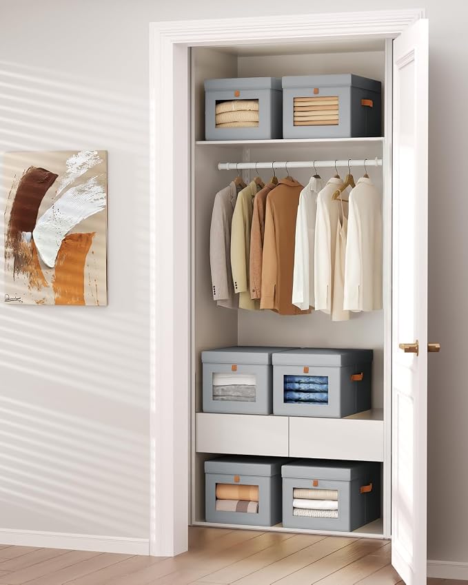 Homsorout Storage Bins with Lid – Closet Organizer with Side Opening and Clear Window, Foldable Stackable Fabric Basket for Clothes, Home, Office - 13.77" x 11.8" x 9.8", 5 Pack, Grey - Image 5