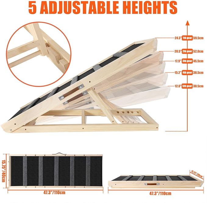 GaliGali Dog Ramp, Adjustable Portable Folding Pet Ramp, Grey 43.3" Long Wooden with Non-Slip Traction Pad for Small Old Dogs and Cats, Applies to Sofa, Couch, Car NO.GGPTZHI-110