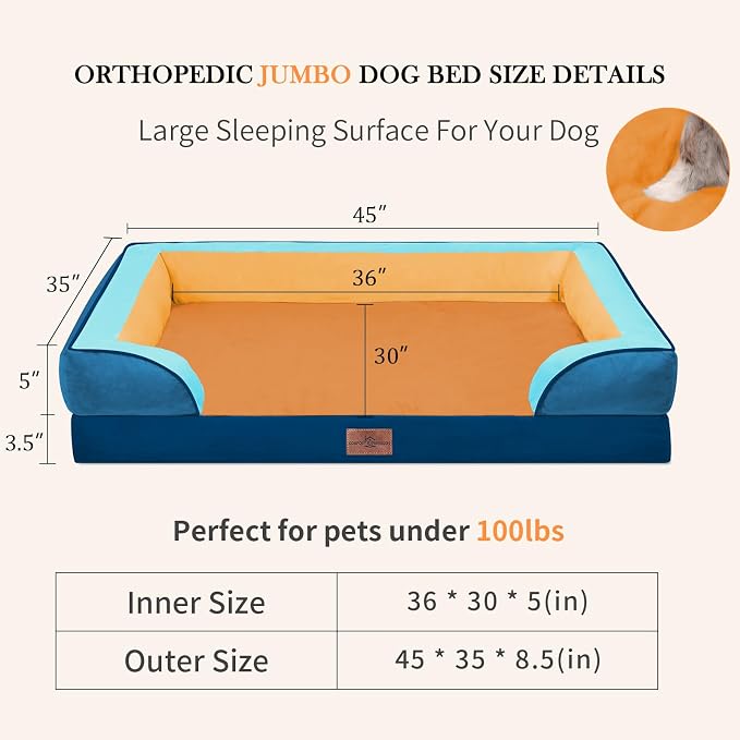 Comfort Expression Orthopedic Dog Bed for Extra Large Dogs with Bolster | Waterproof Dog Couch Bed with Washable Cover & Non-Slip Bottom, Supportive Egg Crate Foam XL Pet Bed, 45x35 Inch - Image 7