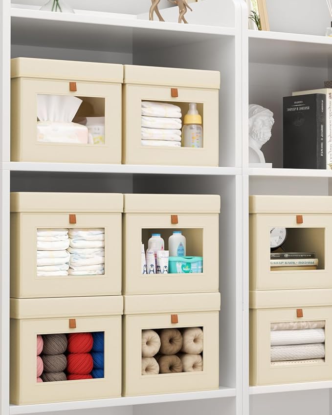 Homsorout Storage Bins with Lid – Closet Organizer with Side Opening and Clear Window, Foldable Stackable Fabric Basket for Clothes, Home, Office - 13.77" x 11.8" x 9.8", 6 Pack, Beige - Image 6