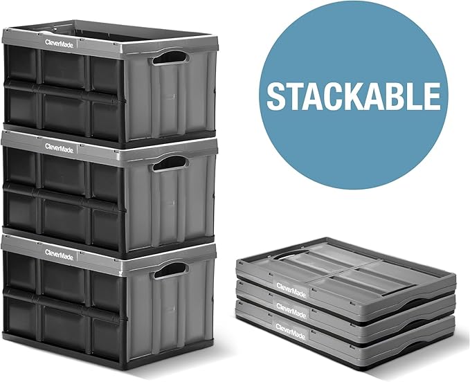 CleverMade Collapsible Storage Bins, 32L 3 Pack, Durable Plastic, Stone | Reinforced plastic handles groceries, tools, and sports gear. Interlocking bins stack open and nest compactly when folded. - Image 6