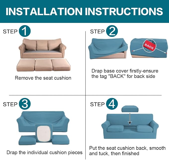 Turquoize 4 Piece Sofa Covers for 3 Cushion Couch Sofa Slipcover Soft Couch Cover for Dogs-Washable Sofa Furniture Covers with 3 Individual Large Cushion Covers, Feature Fabric (XL Sofa, Storm Blue) - Image 6