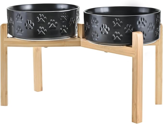 SPUNKYJUNKY Elevated Dog Bowls Ceramic, 8.3'' Dogs Food Water Bowls Raised with Non-Slip Bamboo Stand for Large Sized Breed Microwave Dishwasher Safe - 60 OZ,Paw Black by SPUNKYJUNKY
