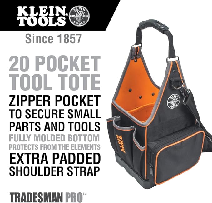Klein Tools 554158-14 Tool Bag, Tradesman Pro Tote with 20 Pockets Made of 1680d Ballistic Weave and a Fully Molded Bottom, 8-Inch - Image 2