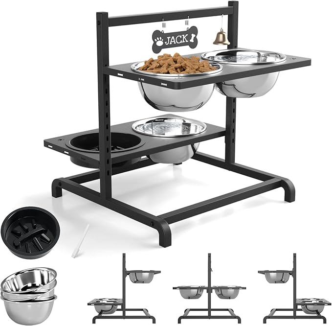 SHAINFUN Elevated Dog Bowl Stand with 4 Stainless Steel Bowls (58oz) & 1 Slow Feeder, 9 Height Adjustable Raised Dog Bowl from 4.9" to 14.5" for Large Dogs & Multi-Pet Homes by SHAINFUN