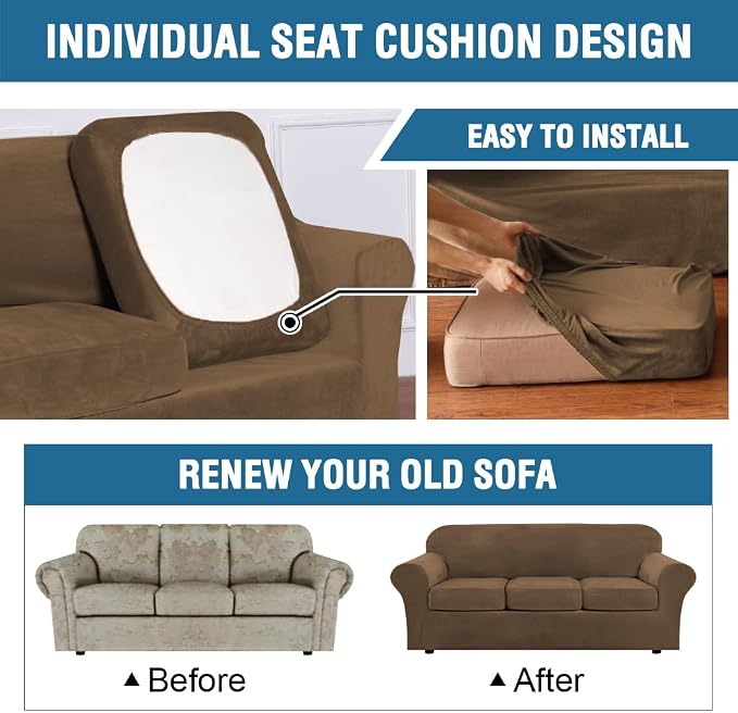 H.VERSAILTEX Modern Velvet Plush 4 Piece High Stretch Sofa Slipcover Furniture Protector Form Fit Velvet Extra Large Sofa Cover for 3 Cushion Couch Width Up to 105 Inch (XL Sofa, Bronze Brown) - Image 6