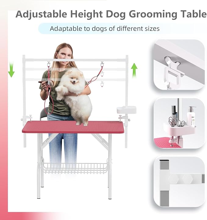 Professional Dog Pet Grooming Table Adjustable Heavy Duty Portable w/Arm & Noose & Mesh Tray (Pink, 46") - Image 3