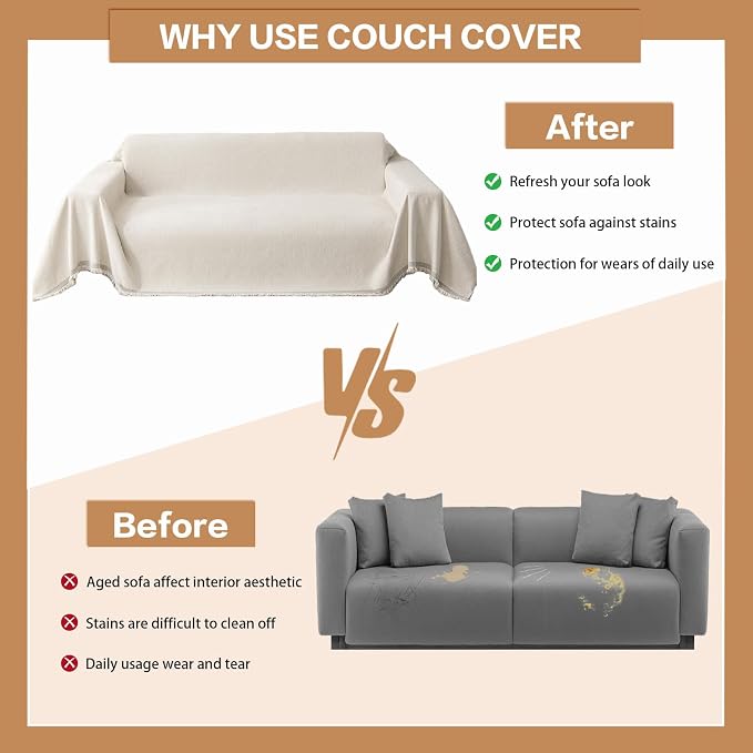 DREAMINGO Modern Chenille Couch Cover Blanket Washable Sofa Covers for 3 Cushion Couch Diamond Weave Textured Furniture Protector for Dogs Soft White Couch Throw Cover, XX-Large 71"x150" - Image 5