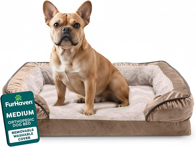 FurHaven Orthopedic Dog Bed for Medium Dogs, Perfect Comfort Sofa with Removable Bolsters with Orthopedic Egg Crate Foam for Joint Support, Washable Cover, Medium, Plush & Velvet Waves, Brownstone by FurHaven