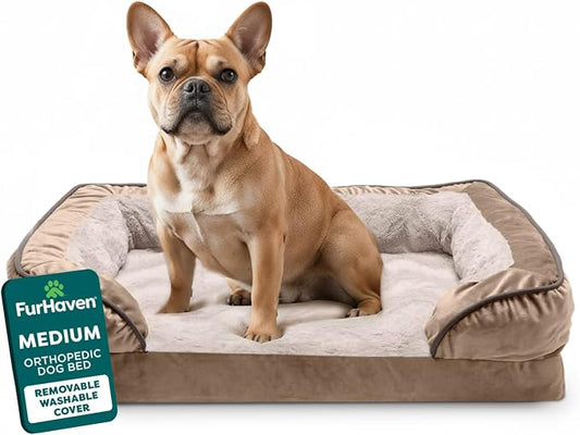 FurHaven Orthopedic Dog Bed for Medium Dogs, Perfect Comfort Sofa with Removable Bolsters with Orthopedic Egg Crate Foam for Joint Support, Washable Cover, Medium, Plush & Velvet Waves, Brownstone by FurHaven