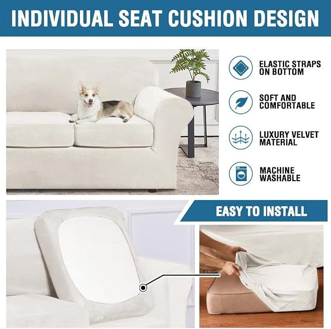 H.VERSAILTEX Real Velvet Plush 3 Piece Stretch Sofa Covers Couch Covers for 2 Cushion Couch Sofa Slipcovers Width Up to 90 Inch Feature Thick Soft Stay in Place (Sofa, Porcelain White) - Image 6